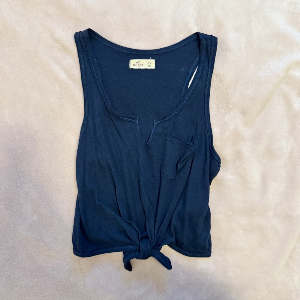 Hollister Dark Blue Notch Front Sleeveless Tie Front Crop Top with Mini Pocket